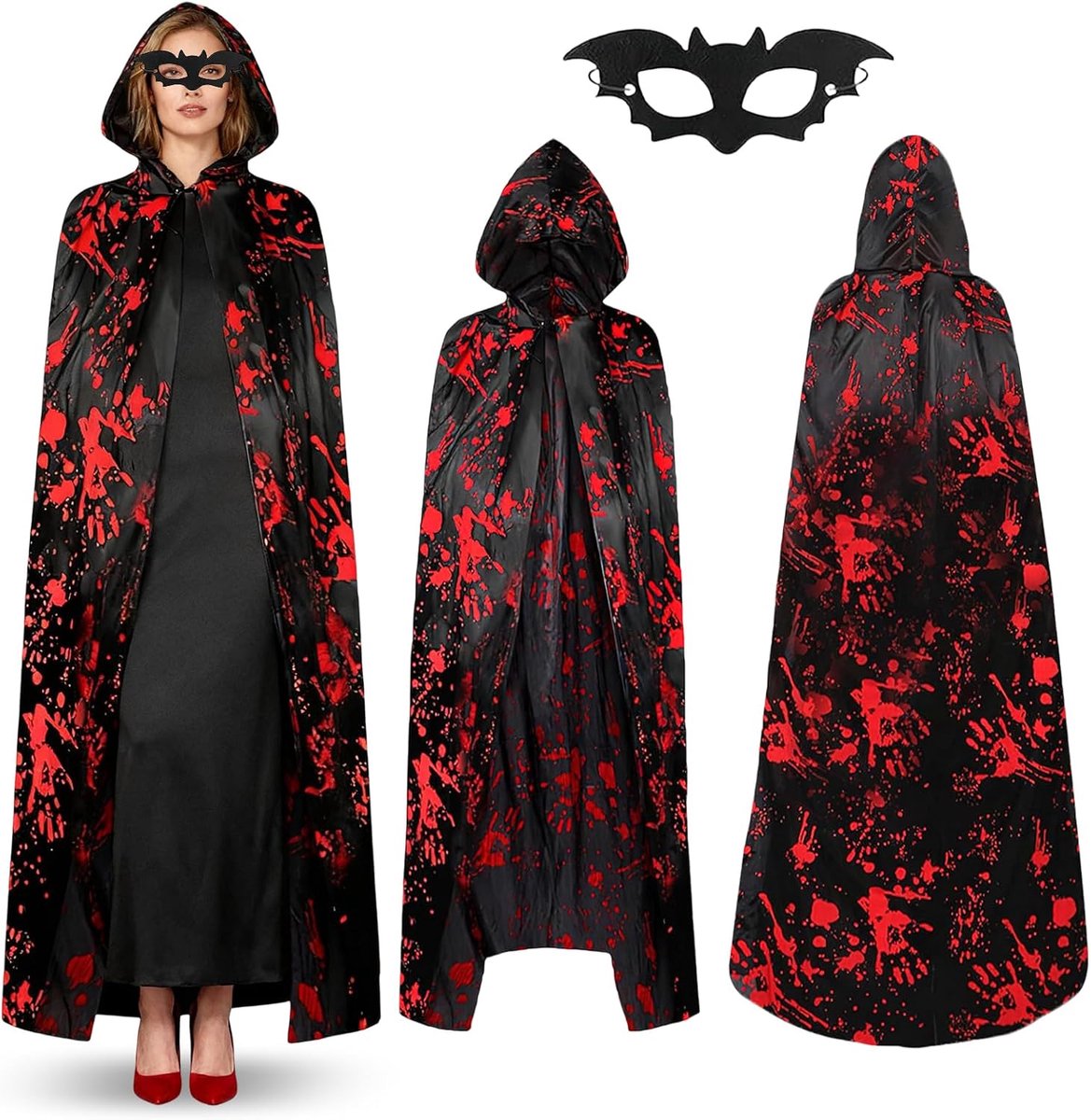 Cape, zwarte cape met vleermuismasker, cape met capuchon, Halloween-kostuum voor dames en heren, vampier, Halloween, cape, kostuum, cosplay
