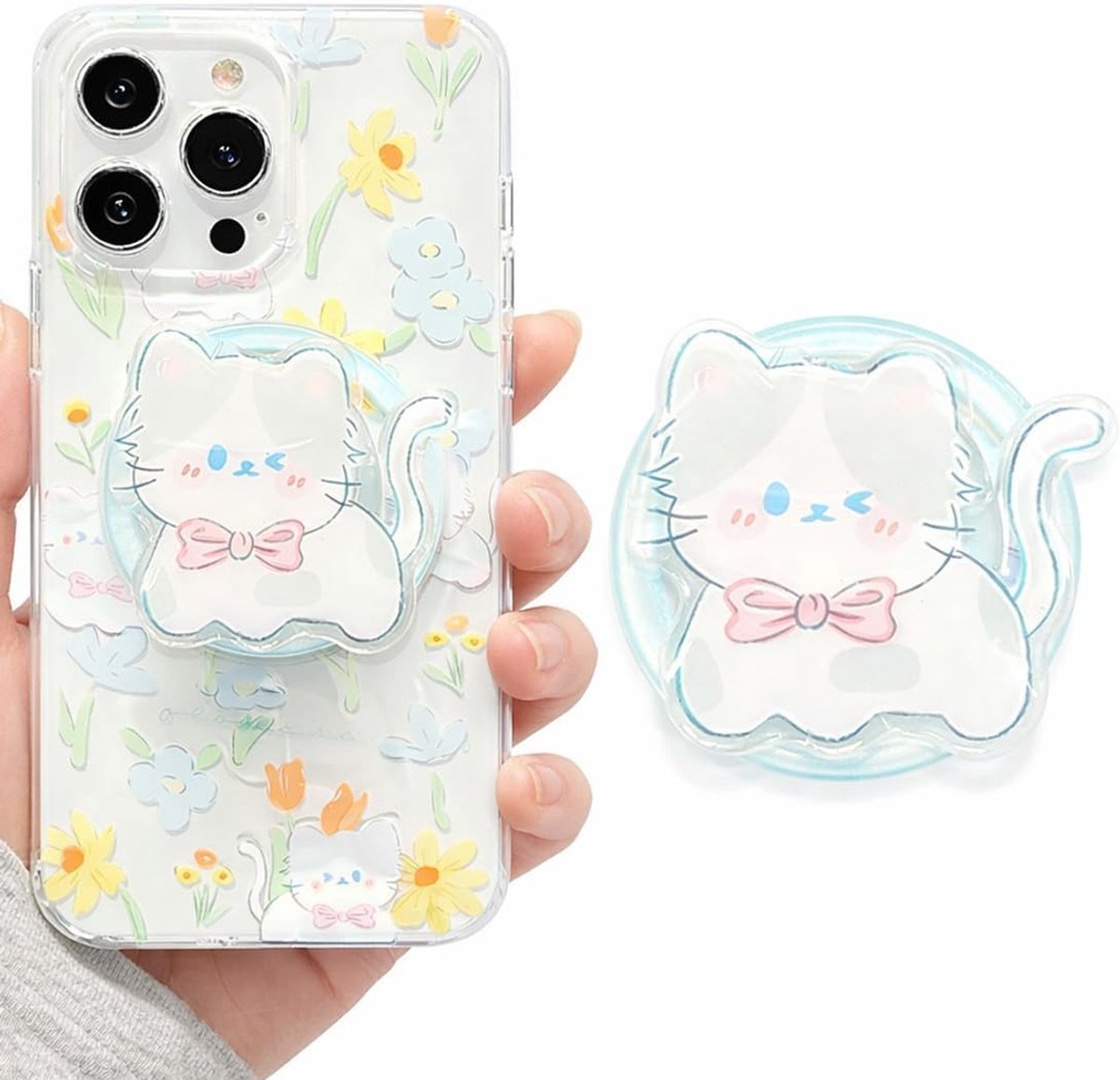 Houder voor smartphone en Kindle, schattig kattendesign met handvat en inklapbare steel, accessoires voor telefoon en digitale tablet