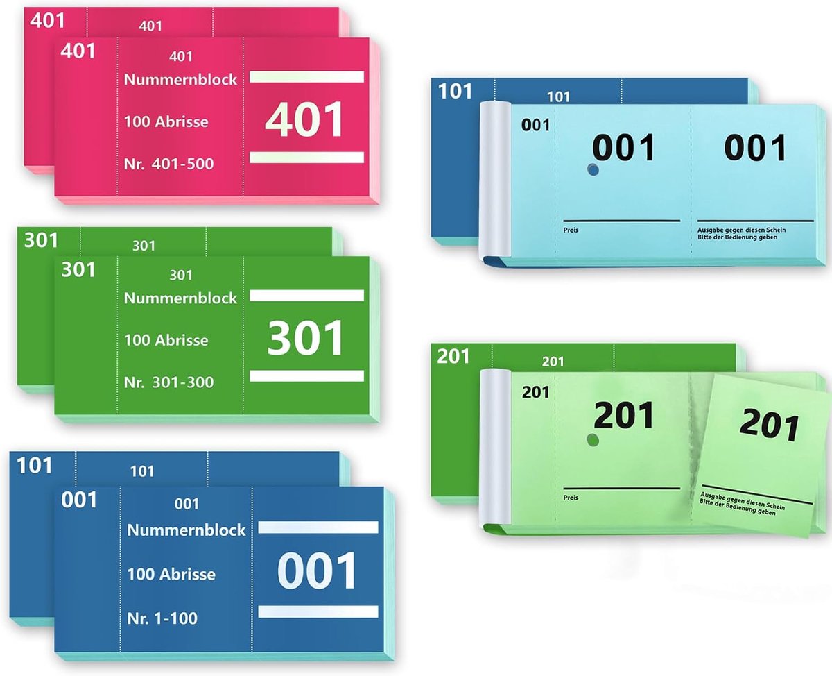 10 boeken dubbele nummers 1-100 cijfers 3 kleuren 5 x 10 cm nummerblokken Tombola losse Tombola nummerblok genummerde afscheuringen garderobenummers dubbel nummerblok blauw groen roze