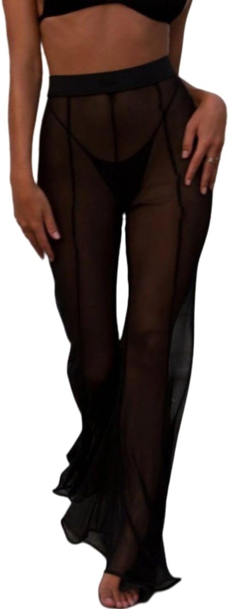 Transparante mesh-broek, hoge taille, brede pijpen, strandbroek, transparante broek, bikini-cover-up, broek, doorzichtige slagbroek, mesh, lange zomerbroek, elegante netbroek