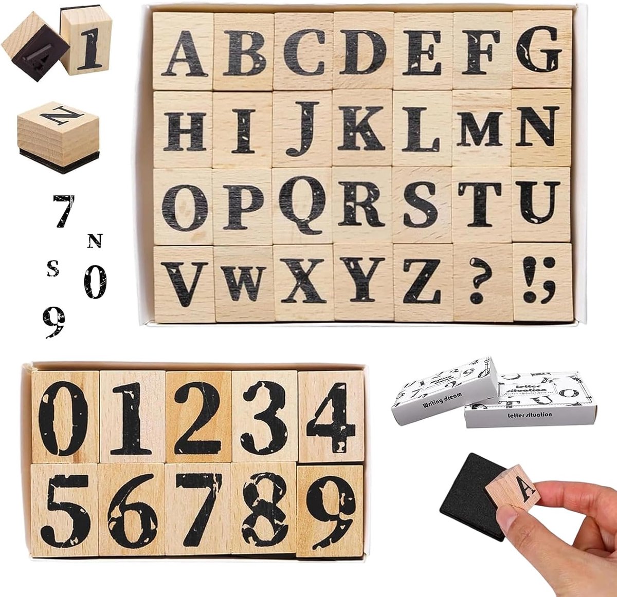 Houten stempels, stempelset, postzegels, hout, rubberen stempel, 26 hoofdletters en nummer 0 tot 9, vintage stempel, alfabet voor doe-het-zelfprojecten, handwerk