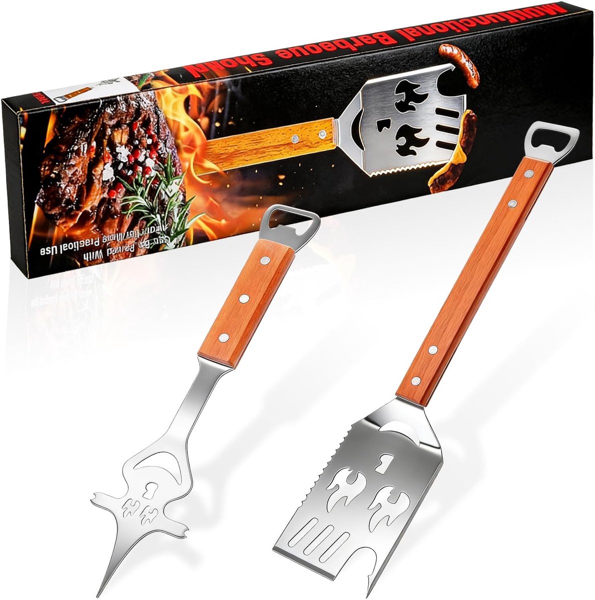 SnelShoppen - Grill Tools Set - 8-in-1 BBQ Accessoires - RVS Grill Spatel en Vork met Houten Handvat - Perfect voor Feest, Camping en Tuin - BBQ Cadea