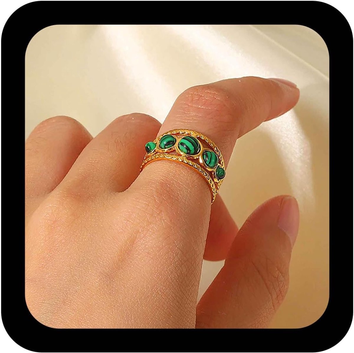 Vintage stone malachite ring gold hollow adjustable open rings gemstone green wrist rings malachite stone statement - ShopVlot