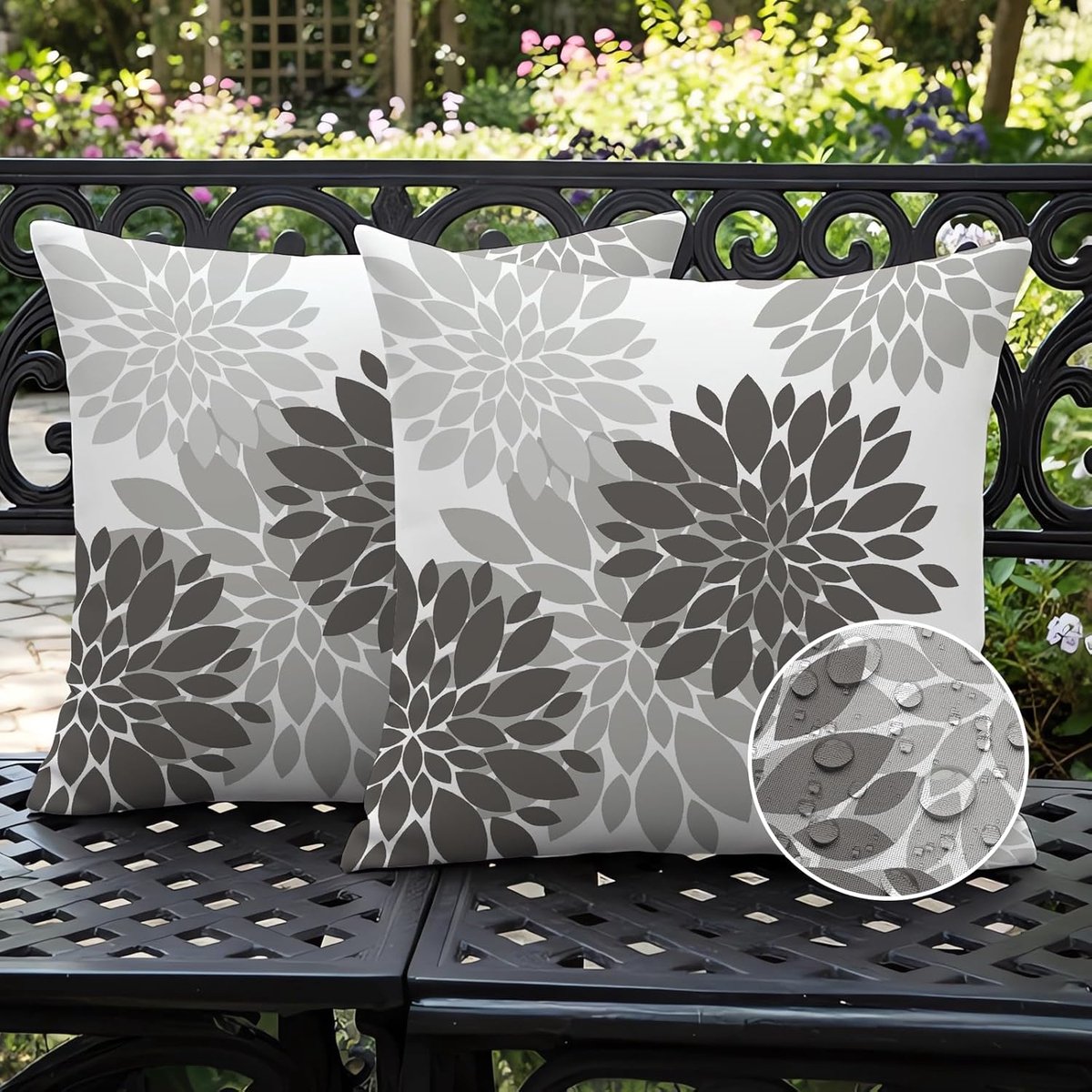 SnelShoppen - Set van 2 Waterdichte Buiten Kussenhoezen 45 x 45 cm, Modern Decoratie Kussens voor Tuin, Sofa, Woonkamer, Zomer, Grijs Zwart met Dahlie
