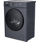 Lave-linge gris avec porte noire, panneau de commande numérique et capacité de 7 kg, vu sous un angle oblique.