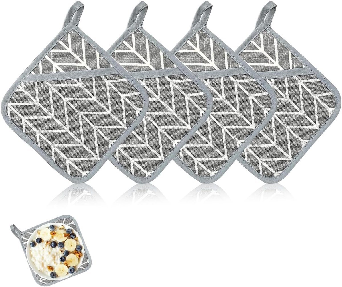 SnelShoppen - 4Pcs Pothouders 17x17cm Katoen Set met Tas, Wasbare Hittebestendige Beschermflappen, Antislip voor Oven, Keuken, Bakken, Grijs