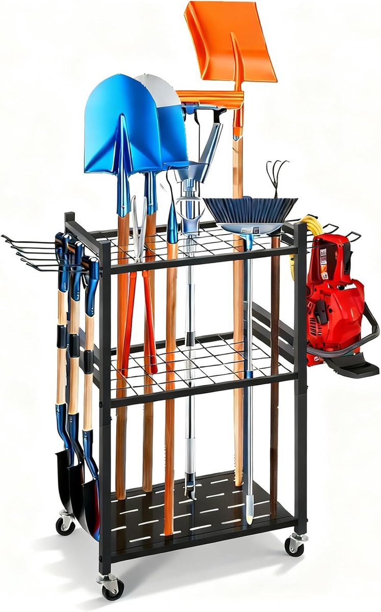 SnelShoppen - Tuingereedschap Houder met 35 Slots en Afneembare Haken, Stalen Organizer voor Tuin en Werkplaats met Wielen, Ideaal voor Schoppen, Hark
