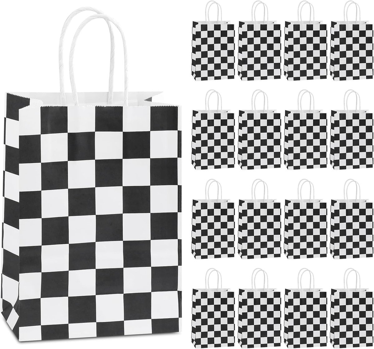 16 stuks geruite racetassen met handgrepen, raceauto party gunstzakken, zwart-wit geruite geschenkzakje voor raceauto thema verjaardagsfeestje benodigdheden