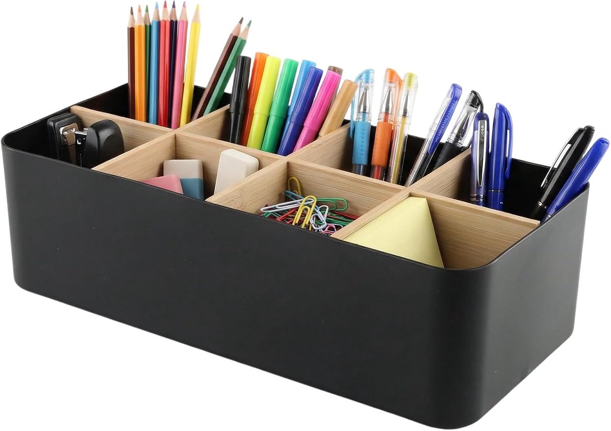 Bureau-organizer van bamboe, pennenhouder van hout met 8 vakken, afneembare bureau-opbergdoos, tv-afstandsbediening voor pennen, cosmetica (zwart)