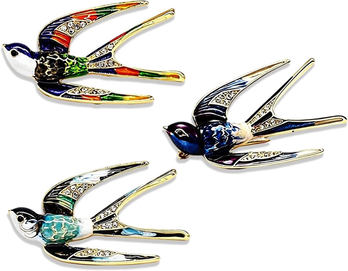 3 Stuks Zwaluwbroche, Zwaluwkristalbroche, Kleurrijke Diervormige Broche, Geschikt voor Feest, Jurkdecoratie, Jurken, Shirts, Jassen, Sjaals (3 Kleuren)