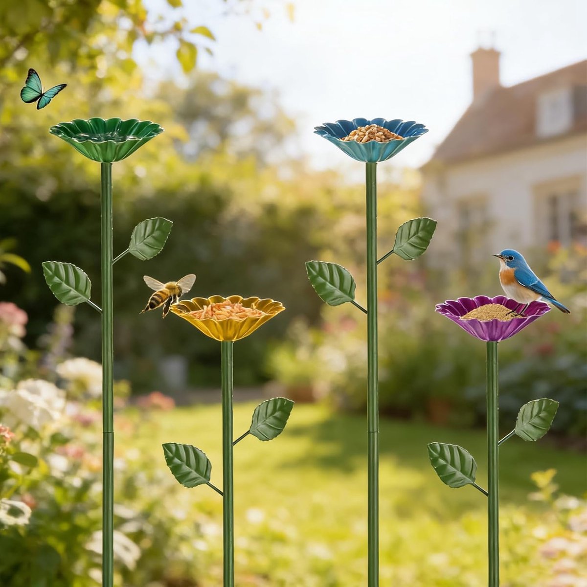 4 stuks bijen-drinkbekers voor de tuin, metalen watervoer, vintage vogelbad, vogelbad, staand, voor tuinplaats, buiten, rood geel blauw groen