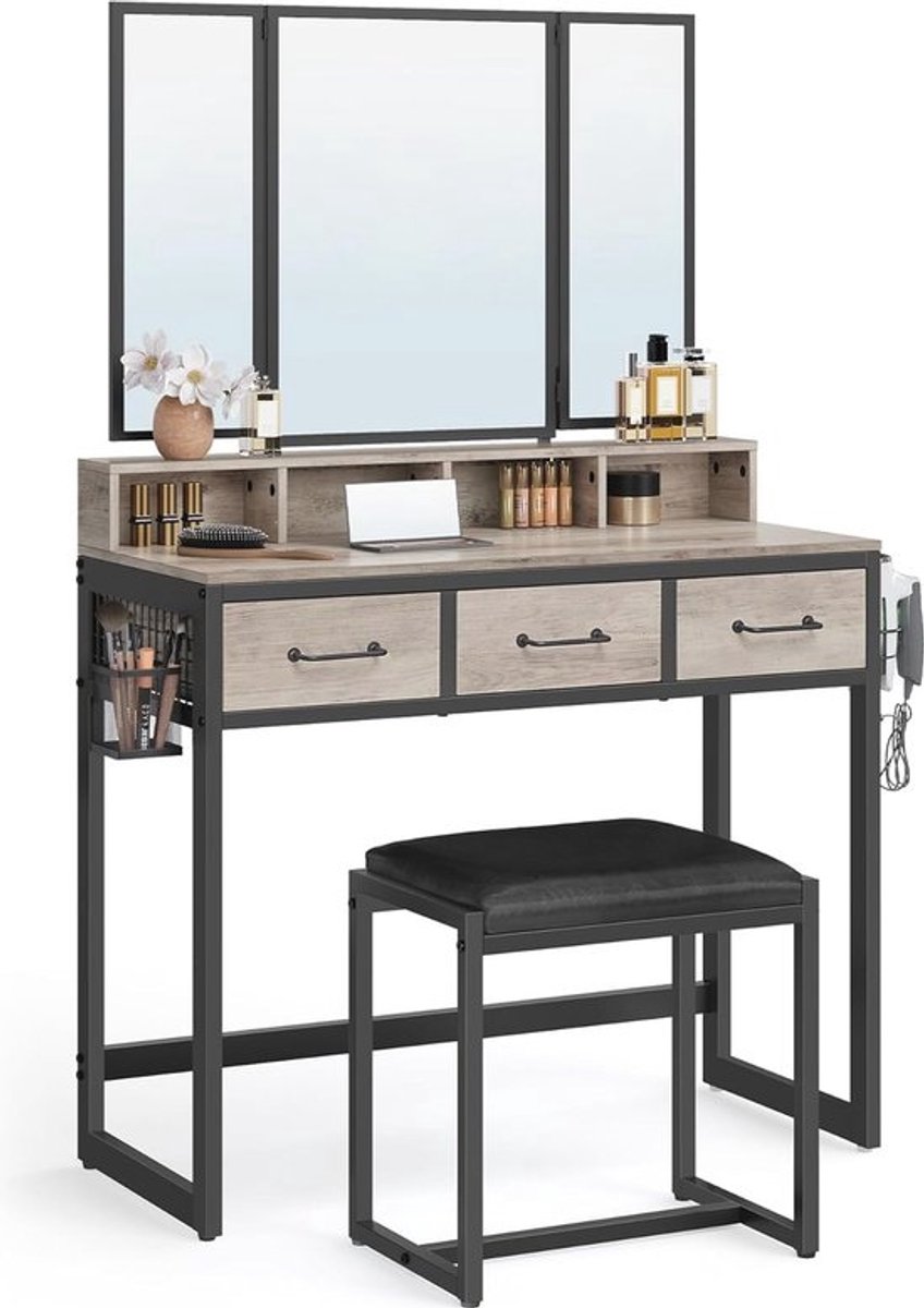 Kaptafel met drievoudige spiegel - cosmetische tafel met lades en haardrogerhouder - industrieel ontwerp in greige en zwart