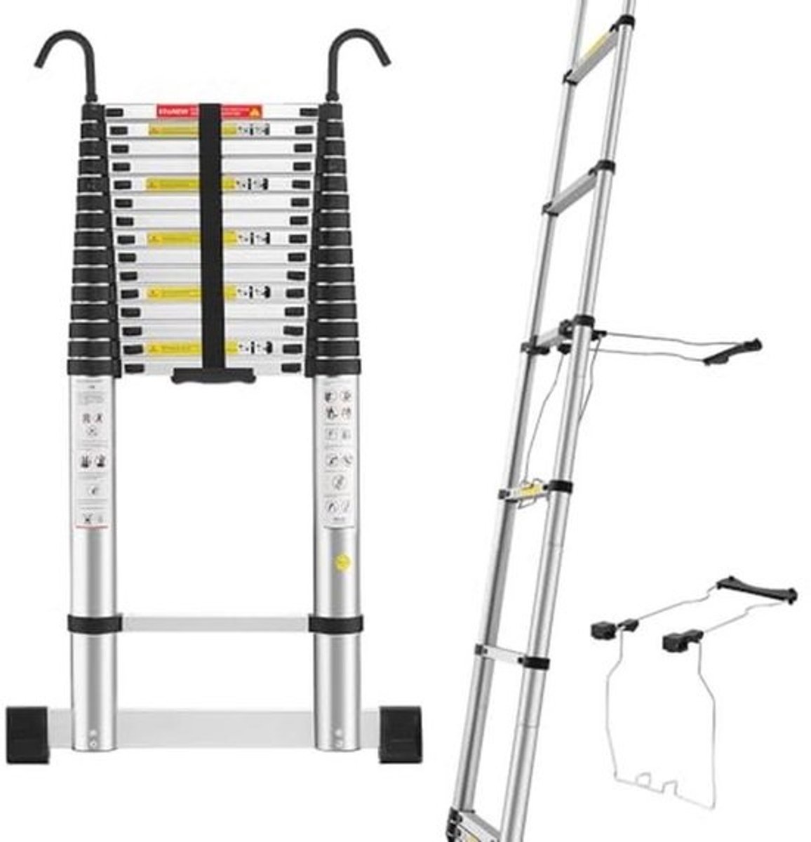 Telescopische ladder van aluminium - 6,2 m - met stabilisator en afneembare haken - Draagbare en veilige vouwladder