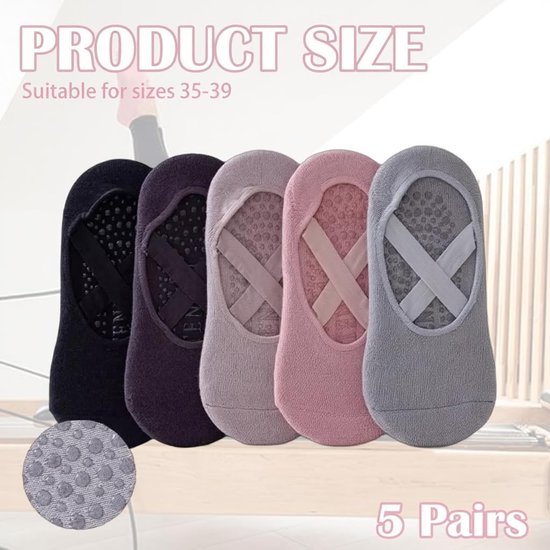 Comfortabele Antislip Sokken voor Yoga en Pilates, 5 Paar Katoenen Sportsokken met Kruisband voor Dames en Meisjes, Geschikt voor Dans en Fitness — afbeelding 3