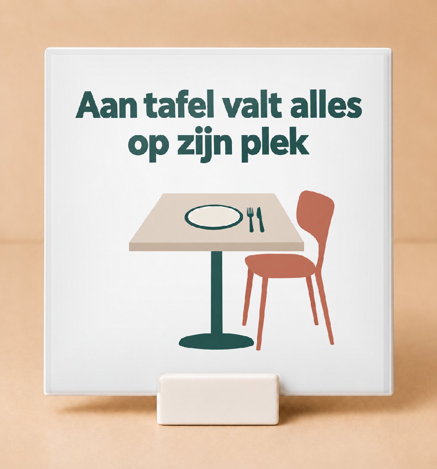 Bedruk King Sfeervolle Boho Tegel "Aan tafel valt alles op zijn plek" – Organische Wanddecoratie voor Gezellige Thuisdiners - 11 x 11 cm met houder Wit