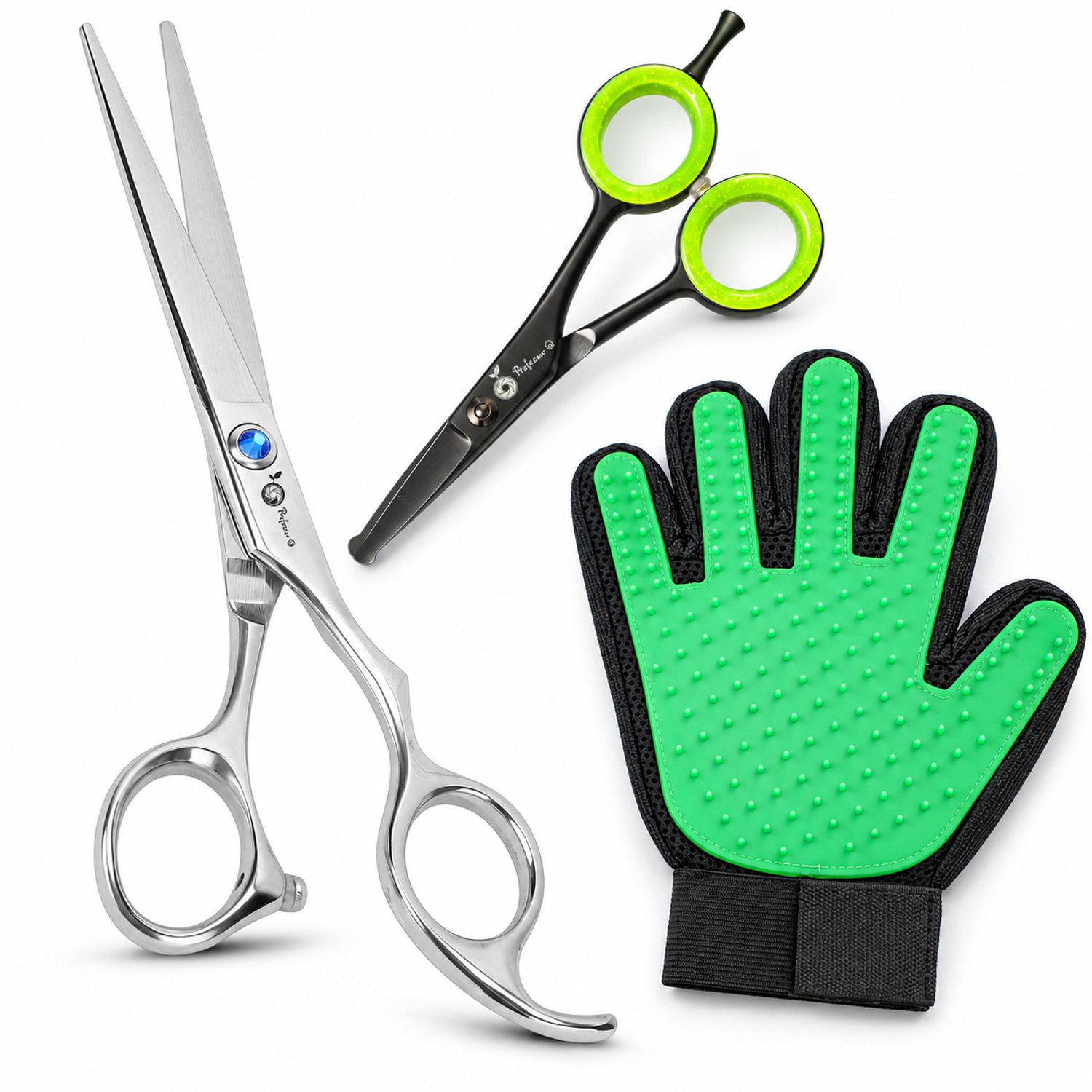 Professor Q Hondentrimset - Rechte Trimschaar 8 inch Zilver - Potenschaar Zwart/Groen en Vachthandschoen Groen - 3-delig