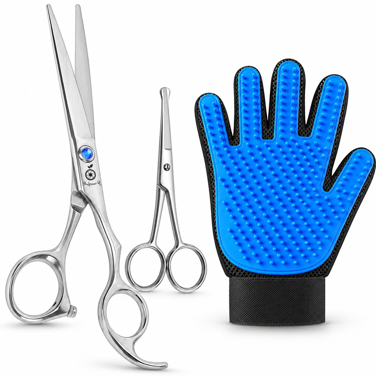 Professor Q Hondentrimset - Rechte Trimschaar 8 inch Zilver - Potenschaar Zilver en Vachthandschoen Blauw - 3-delig