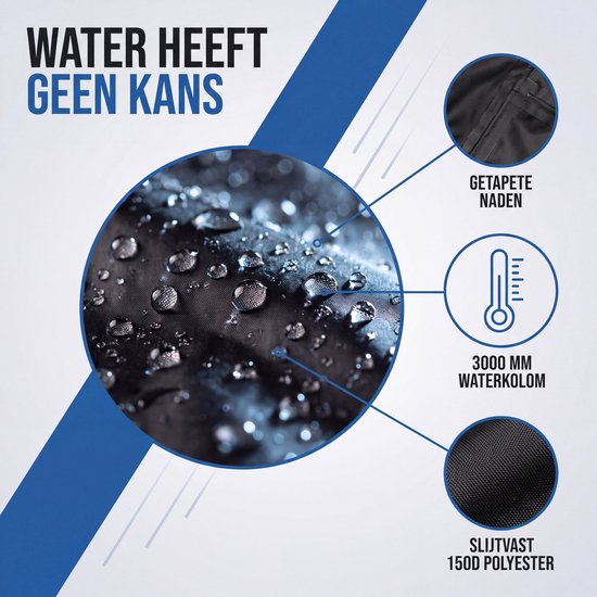Close-up van waterdruppels op zwarte stof. Iconen tonen getapete naden, 3000 mm waterkolom en 150D polyester.