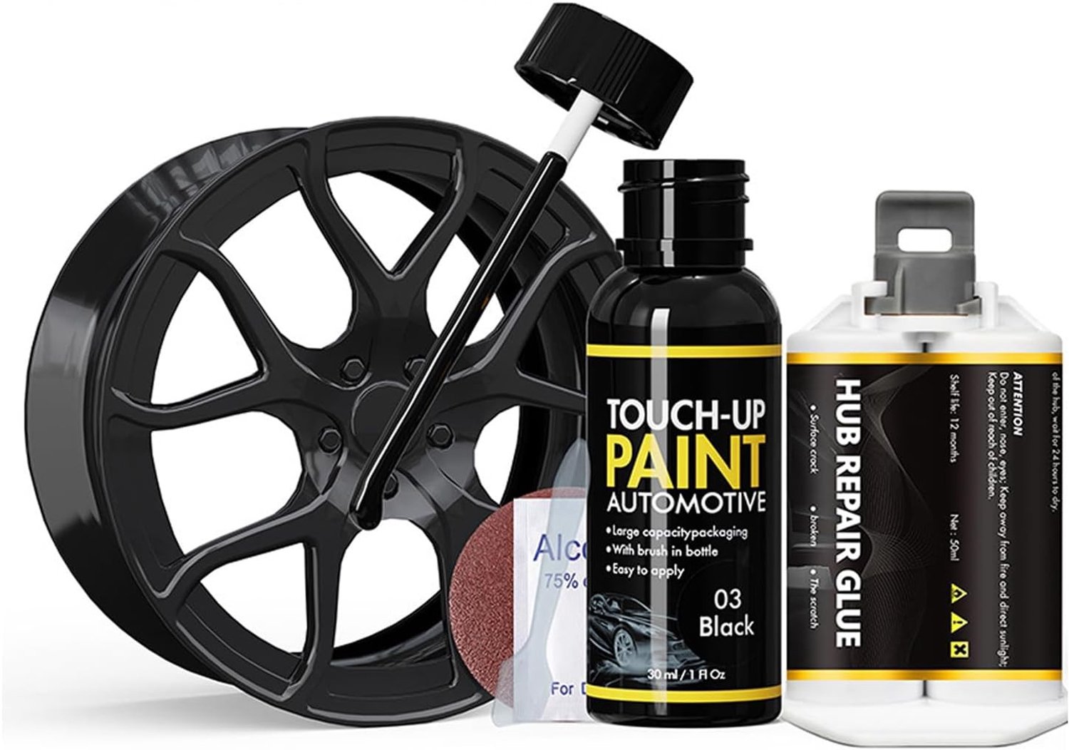Reparatieset voor Velgen - Zwart - 30 ml - Aluminium Velgverf met Retoucheerpen en Reparatielijm - Voor Auto en Motorfiets