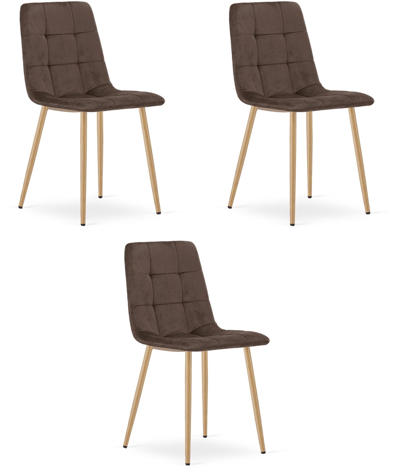 LEOBERT KARA Eetkamerstoelen – Set van 3 – Bruin Velvet – Houten Poten – Comfortabele Ergonomische Zitting – Modern Design – Velvet Stoel voor Woonkamer, Keuken en Eetkamer – Max. 110 kg per Stoel