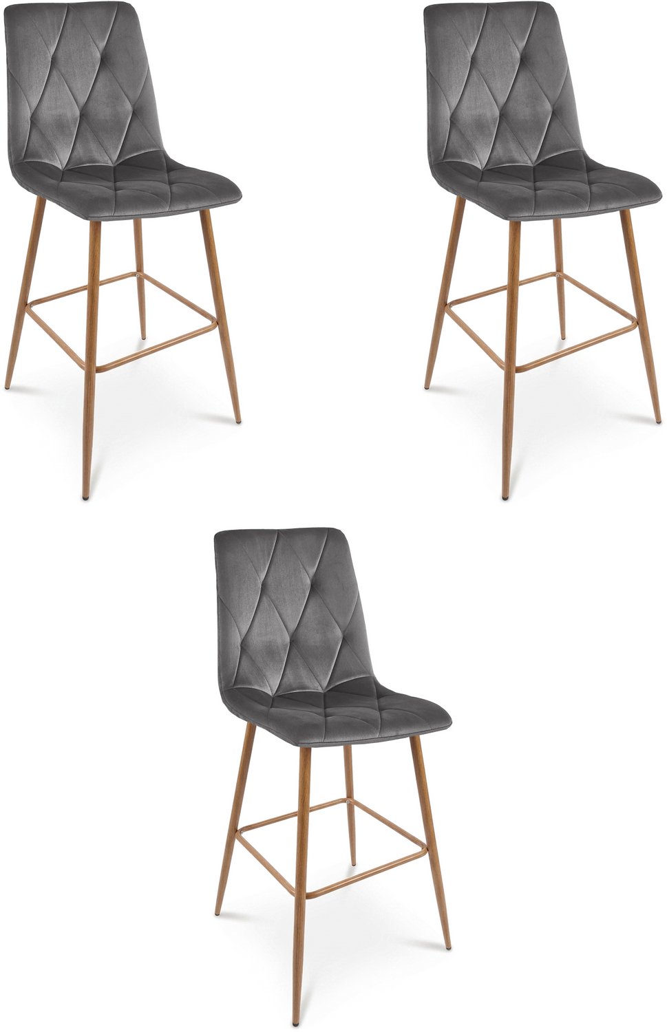 LEOBERT LIBRA Barkrukken – Set van 3 – Donkergrijs Velvet – Eikenkleurige Metalen Poten – Met Rugleuning – Met Voetsteun – Modern Design – Voor Keukeneiland, Bar en Keuken