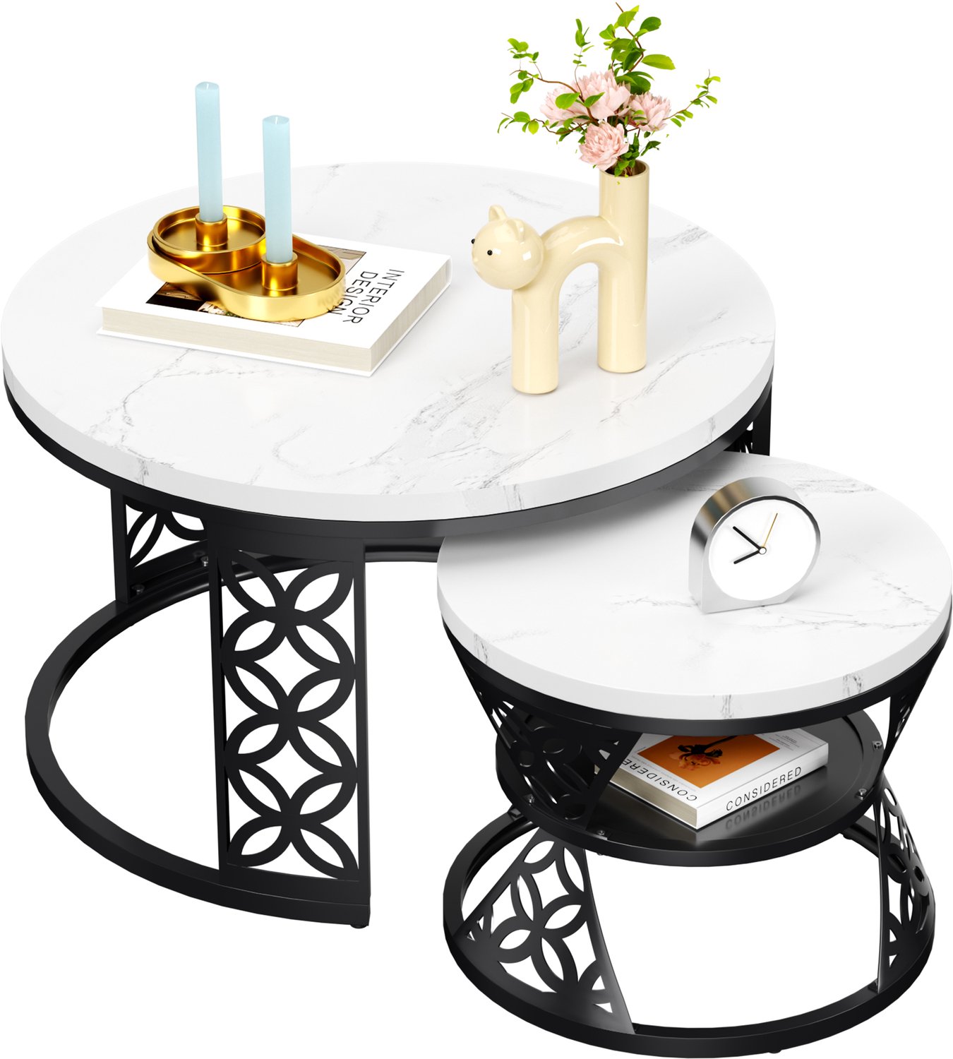 Maisentiel Salontafelset van 2 – Ø 70/45 cm – hoogglans marmerlook – metalen frame – zwart/wit