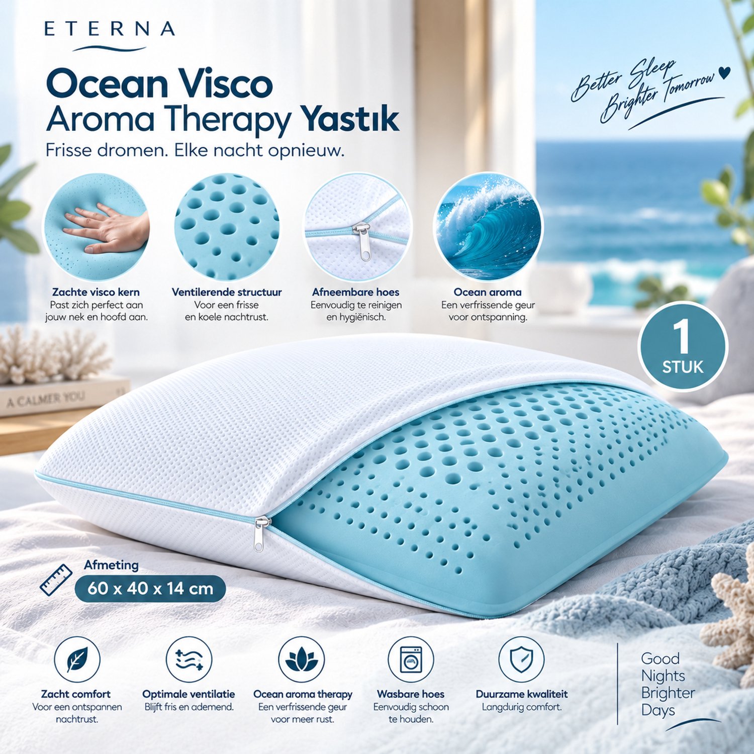 Fabric Box Eterna Ocean Hoofdkussen – Visco Traagschuim – Oceangeur – 60x40x14 cm – Ventilerend – Afneembare Hoes – Blauw