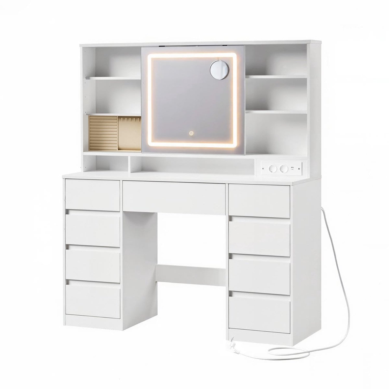 Klarven Kaptafel Wit - Kaptafel met Spiegel en Verlichting - Dressing Table - Ingebouwde Stekkerdoos - 9 Lades met Sieradenorganizer - Spiegel Afneembaar en Verschuifbaar Wolkenwit