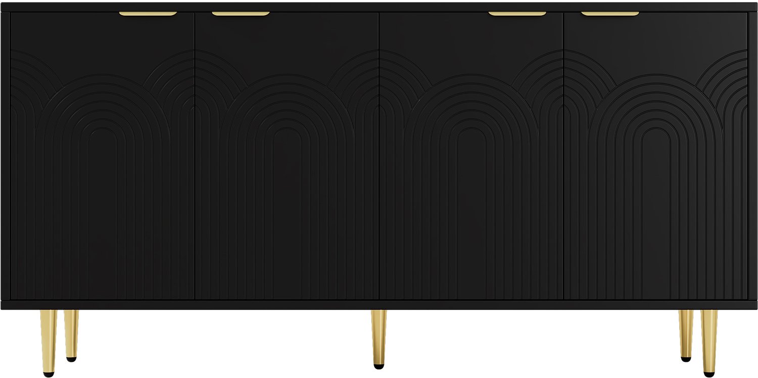 SONNENH Dressoir - Zwart met boogreliëf - 4 deuren en verstelbare planken - Goudkleurige accenten - 160 x 40 x 80 cm