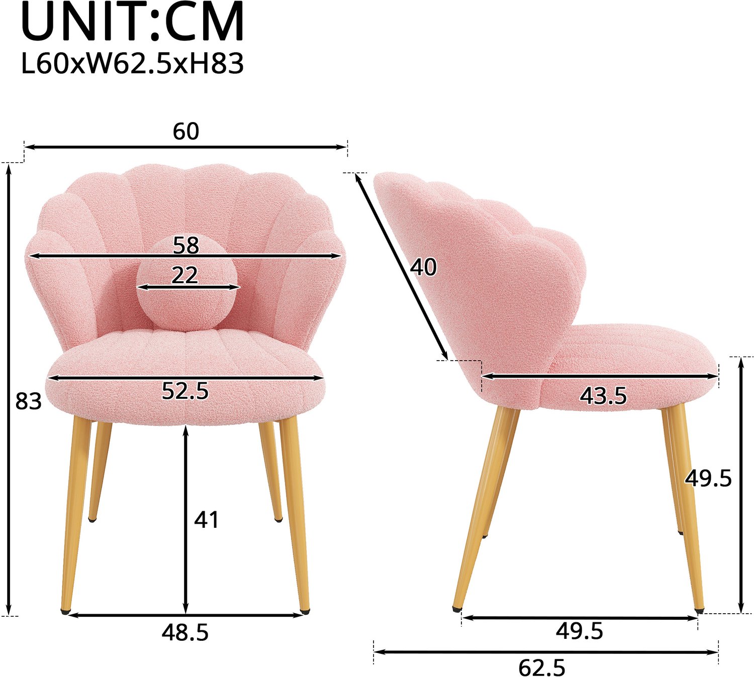 MODENUIT Eetkamerstoelen - Schelpvormige Kuipstoelen - Eetkamer - Teddy Stof - Roze - 60x62,5x83 Cm