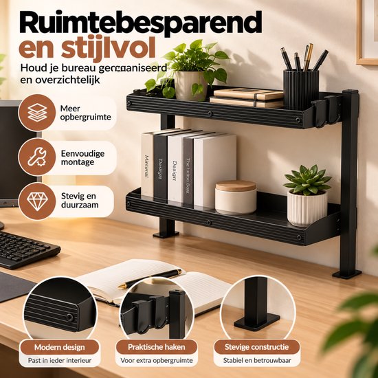 Ruimtebesparend zwart bureau-opbergrek met twee planken, haken en stevige constructie.