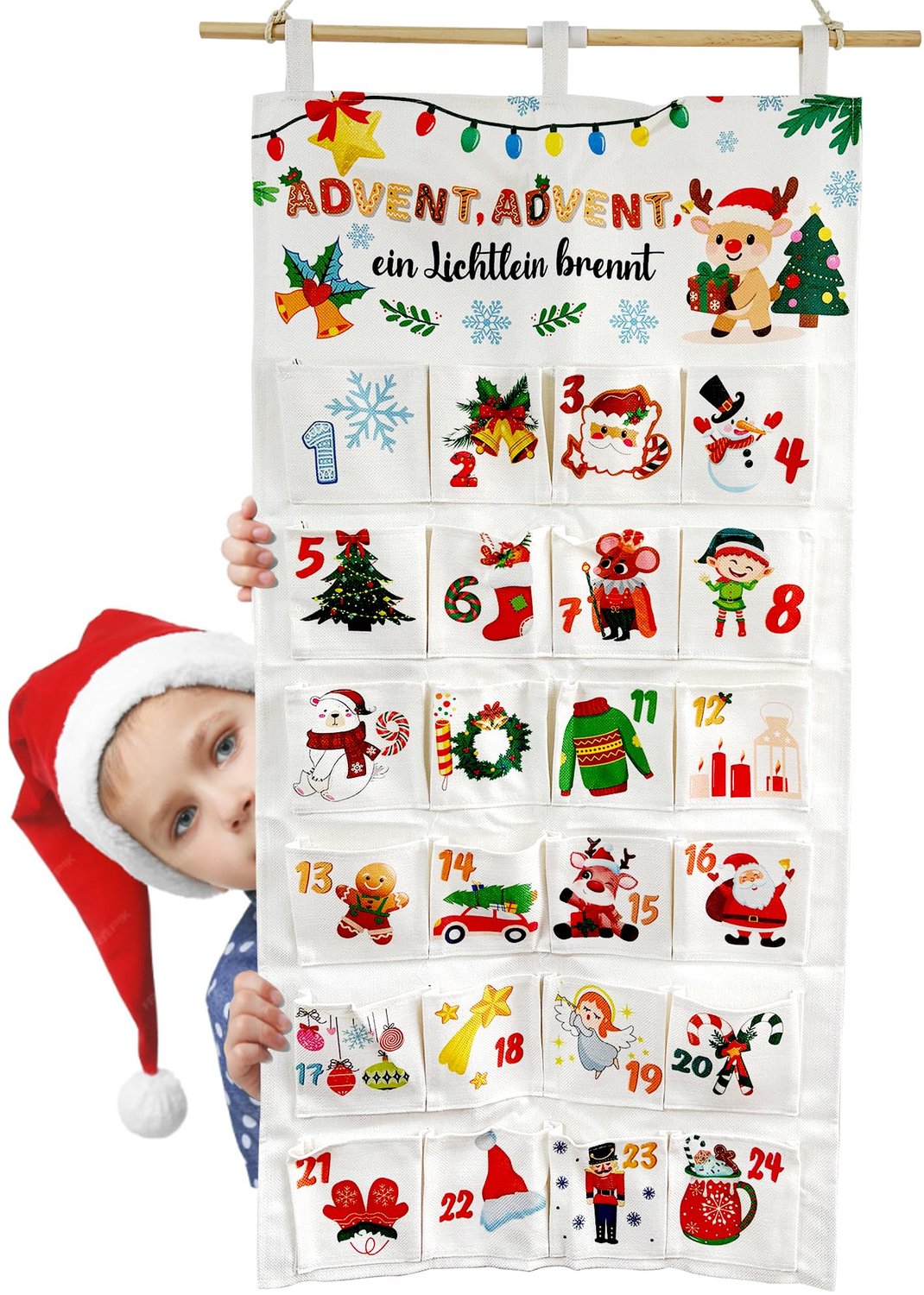 Adventskalender 2025 102 x 52 cm - stoffen wandkalender - 24 grote vakken - herbruikbaar voor kerstdecoratie - ServiceTopper