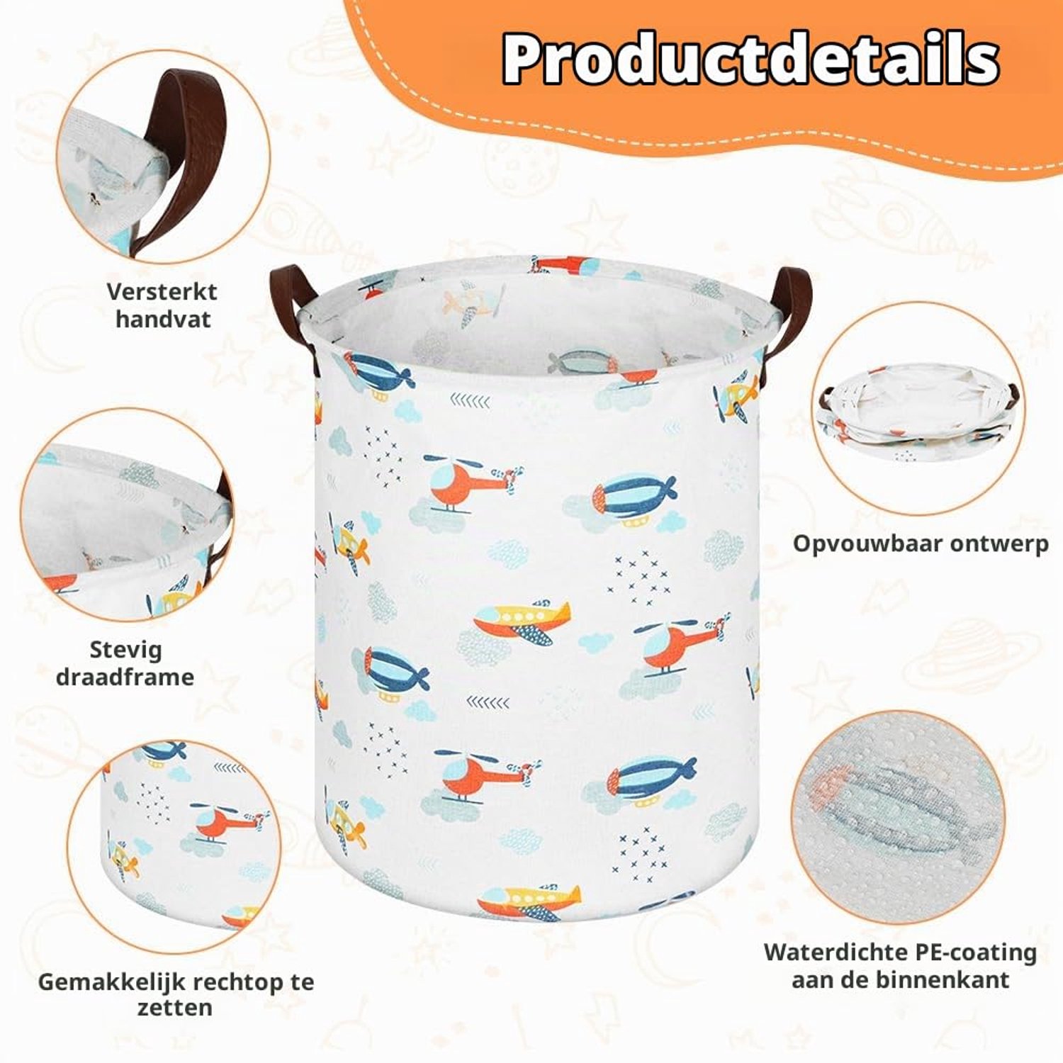 Speelgoedmand en Wasmand – Ronde Opvouwbare Opbergmand met Leren Handvatten en Waterdichte Voering – 40x50 cm