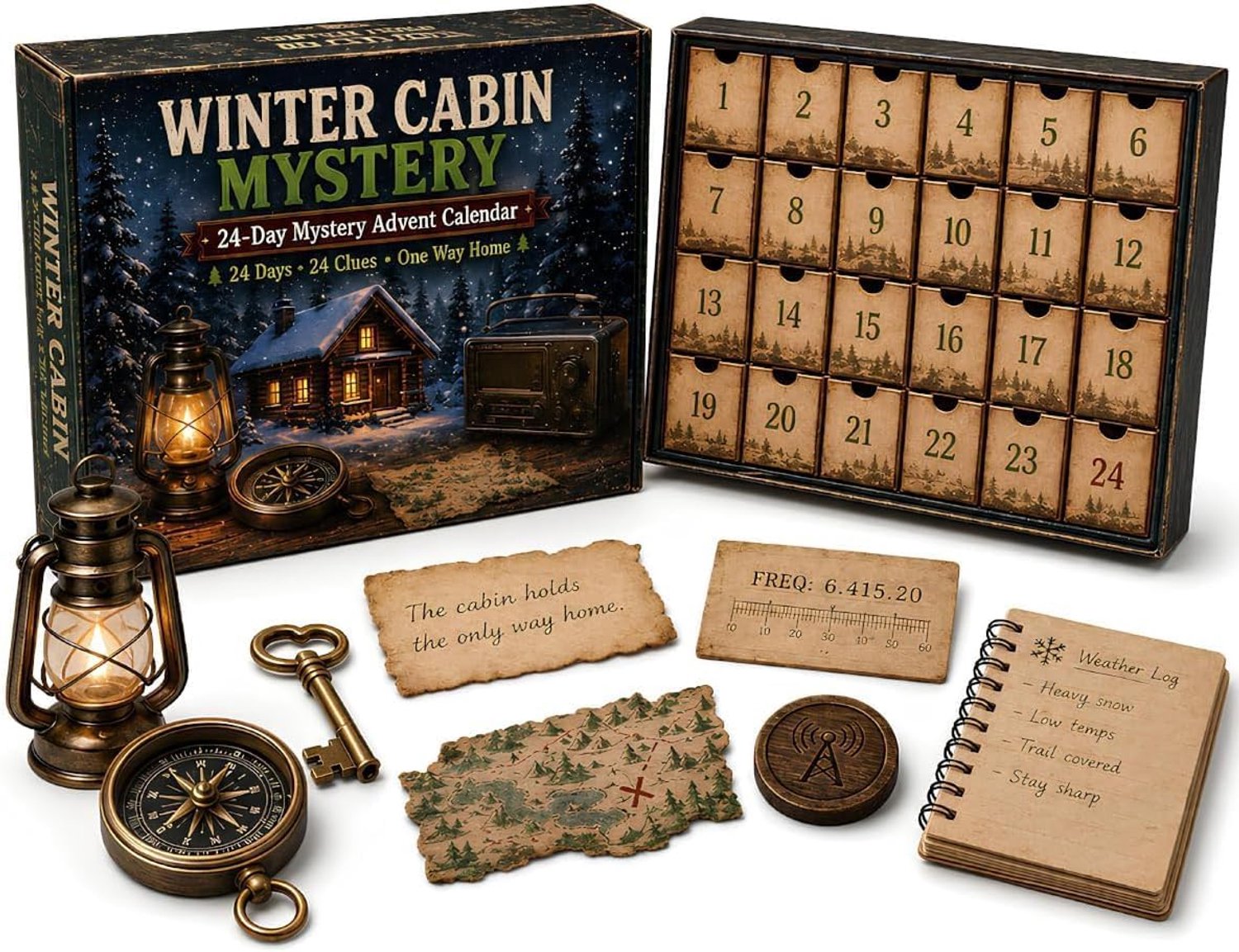 Adventskalender 2026 met Puzzels - 24 Dagen Mystery Adventure - Escape Room Spel voor Thuis - 6 Mysterieverhalen - Interactieve Kerst Countdown - Dagelijkse Raadsels & Verborgen Aanwijzingen - Voor Tieners, Volwassenen & Gezin - Winter Cabin
