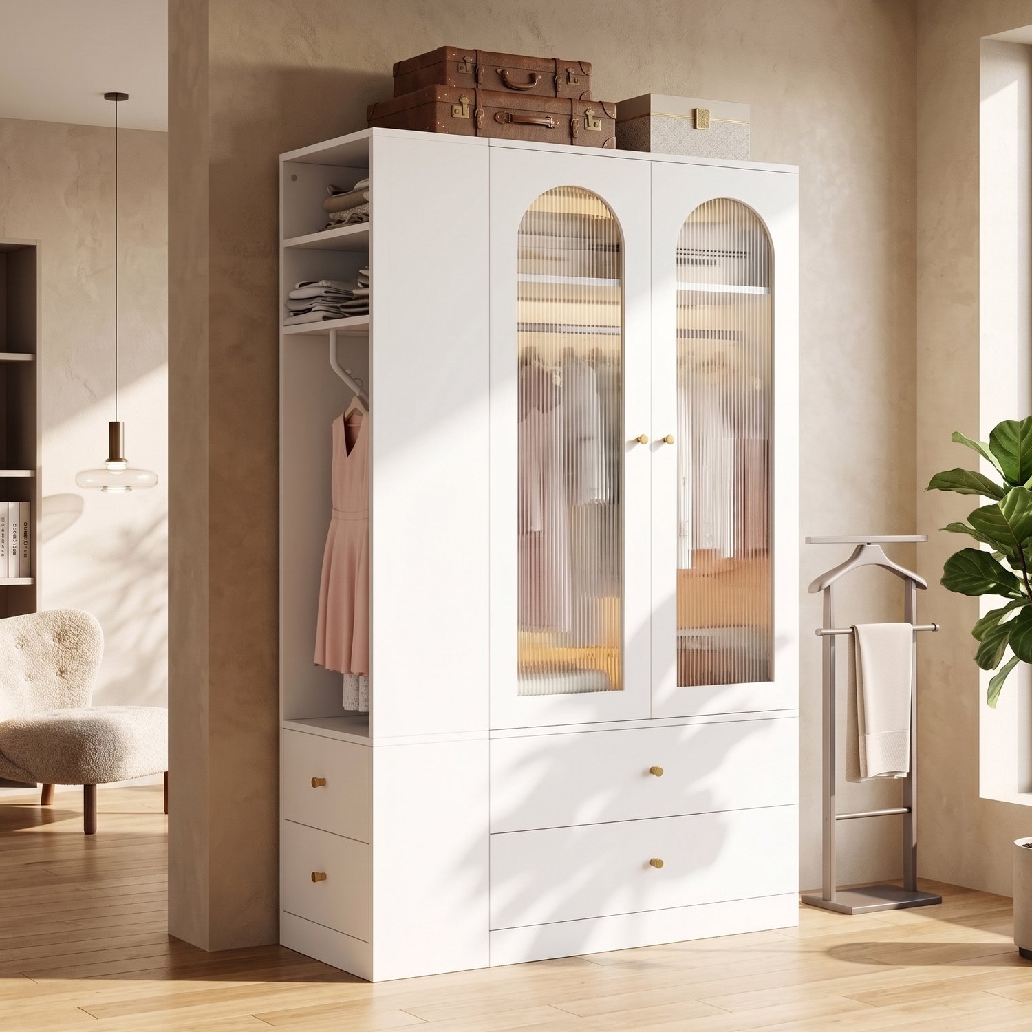 Merax Kledingkast 120×50×200 cm - 4 lades - 2 glazen deuren - 2 hangstangen - wit
