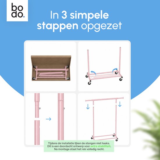 Instructieafbeelding in 3 stappen om het roze kledingrek te monteren. Tekst: 'In 3 simpele stappen opgezet'.