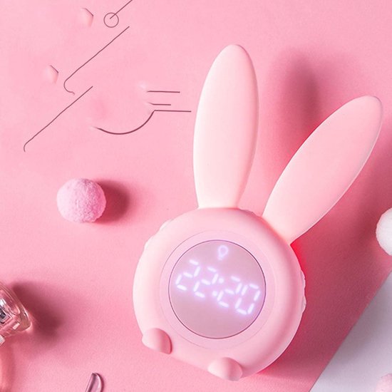 Slaaptrainer voor kinderen - Kinderwekker - Slimme, automatisch aanpasbare ademhalingslamp - Spraakbediening of trilling - Weergave van tijd/datum/temperatuur - Roze konijn — afbeelding 2