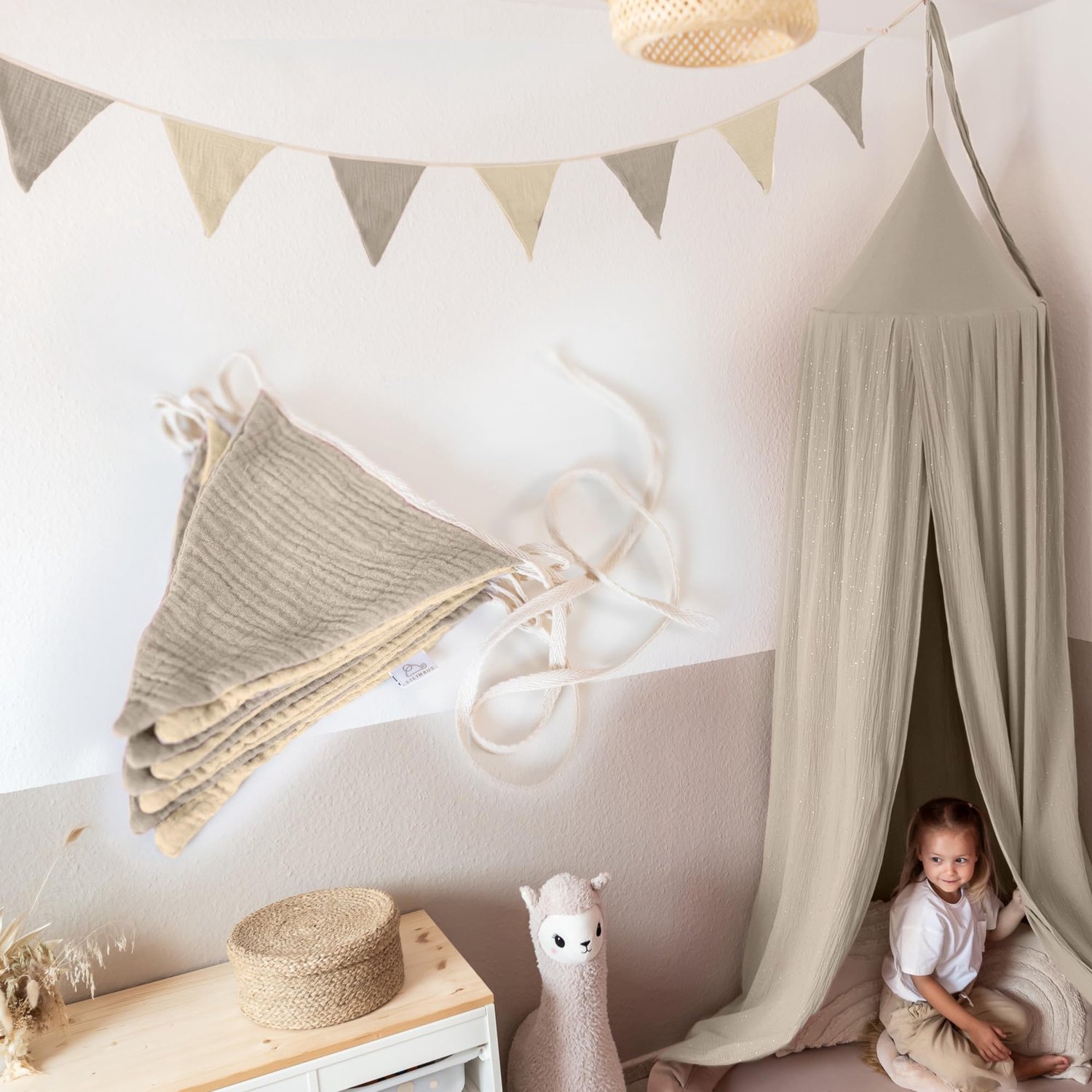 LILIMAUS Vlaggenlijn stof kinderkamer - stoffen slinger van mousseline katoen - 300 cm - crème en lichtbeige