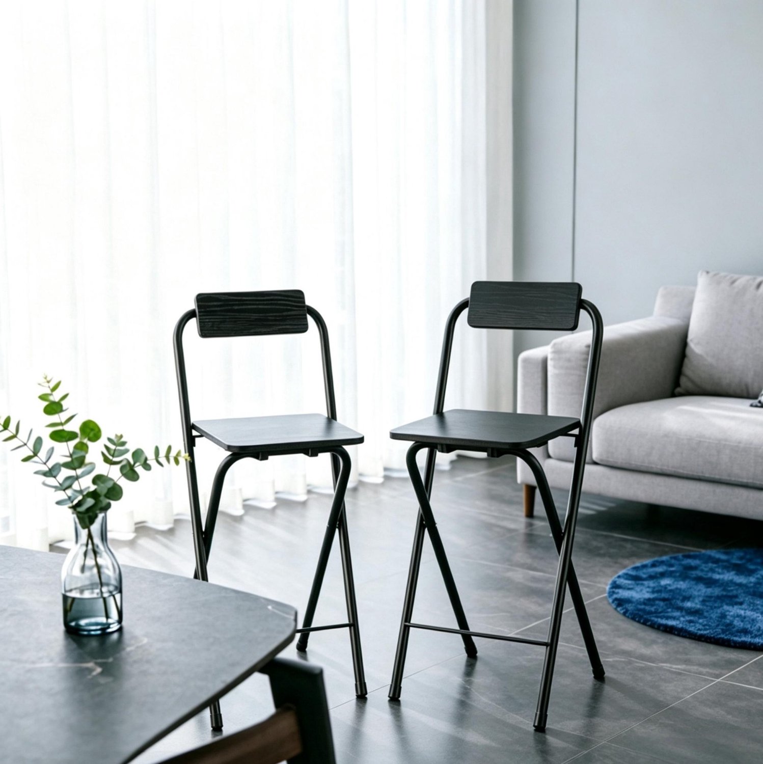 DESMIU Barkruk 87 cm - Klapbaar Met Rugleuning En Voetsteun - Set van 2 - Voor Bartafels van 89 Tot 99 cm - MDF en Staal - Zwart