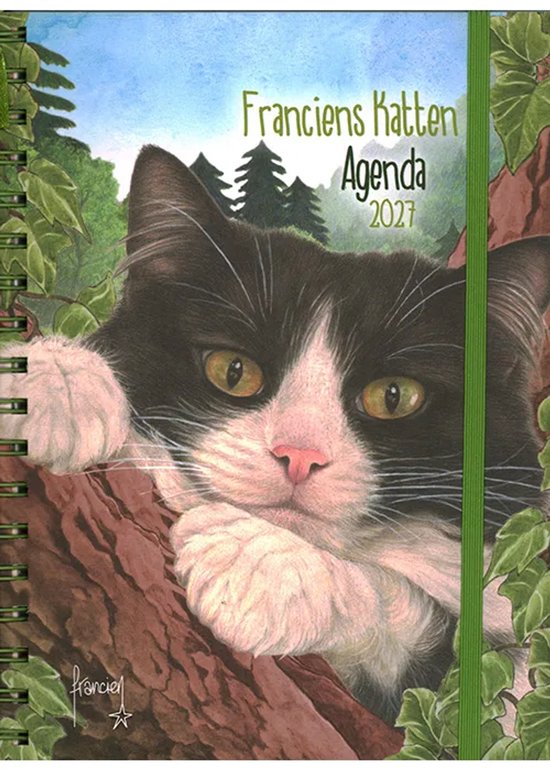 Agenda 2027 met aquarelillustratie van een zwart-witte kat in een boom en de tekst Franciens Katten Agenda 2027.