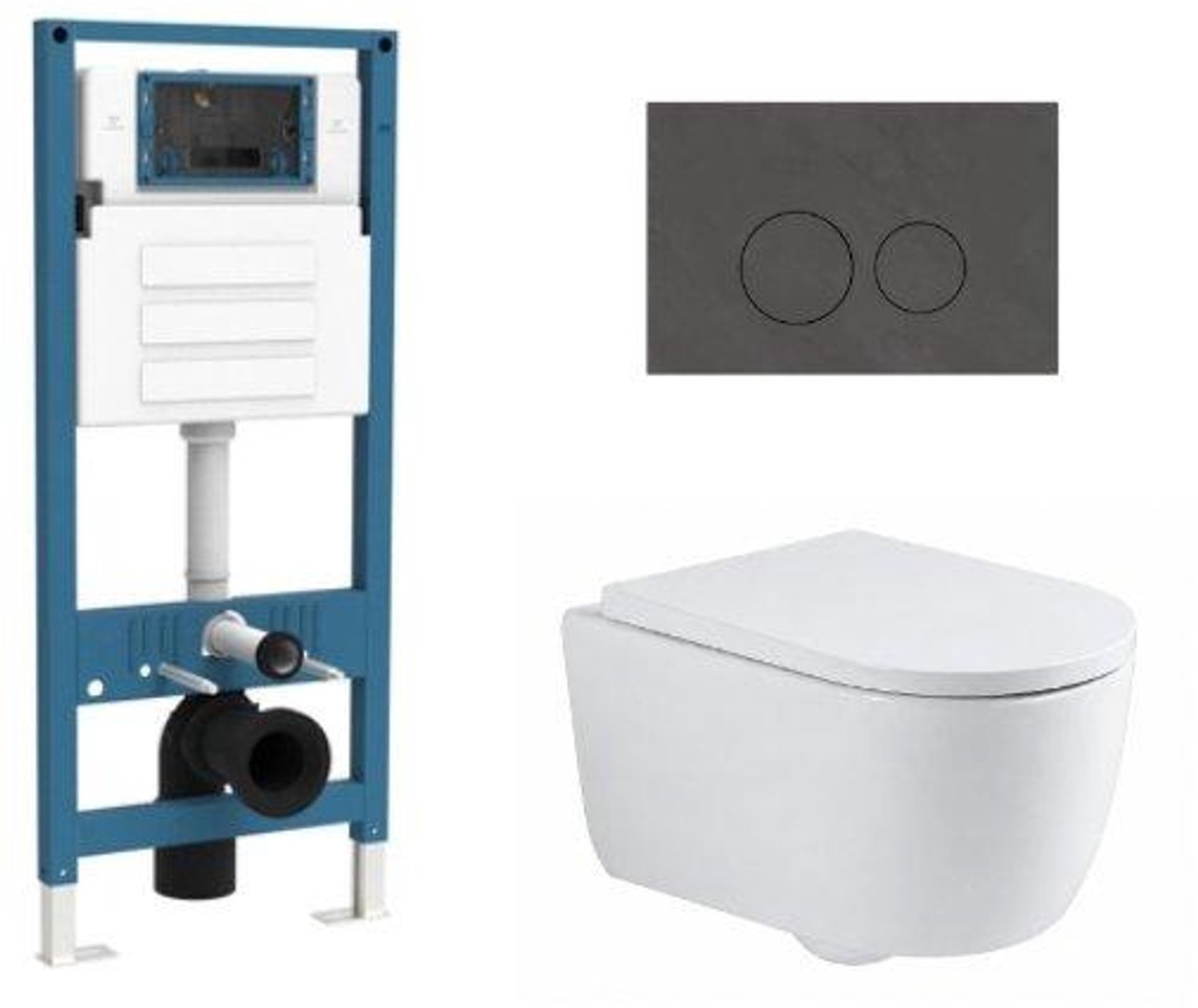 QeramiQ Dely Swirl Toiletset - inbouwreservoir Qeramiq Flush - 35mm zitting - natuursteen donker marmeren bedieningsplaat - ronde knoppen - glans wit