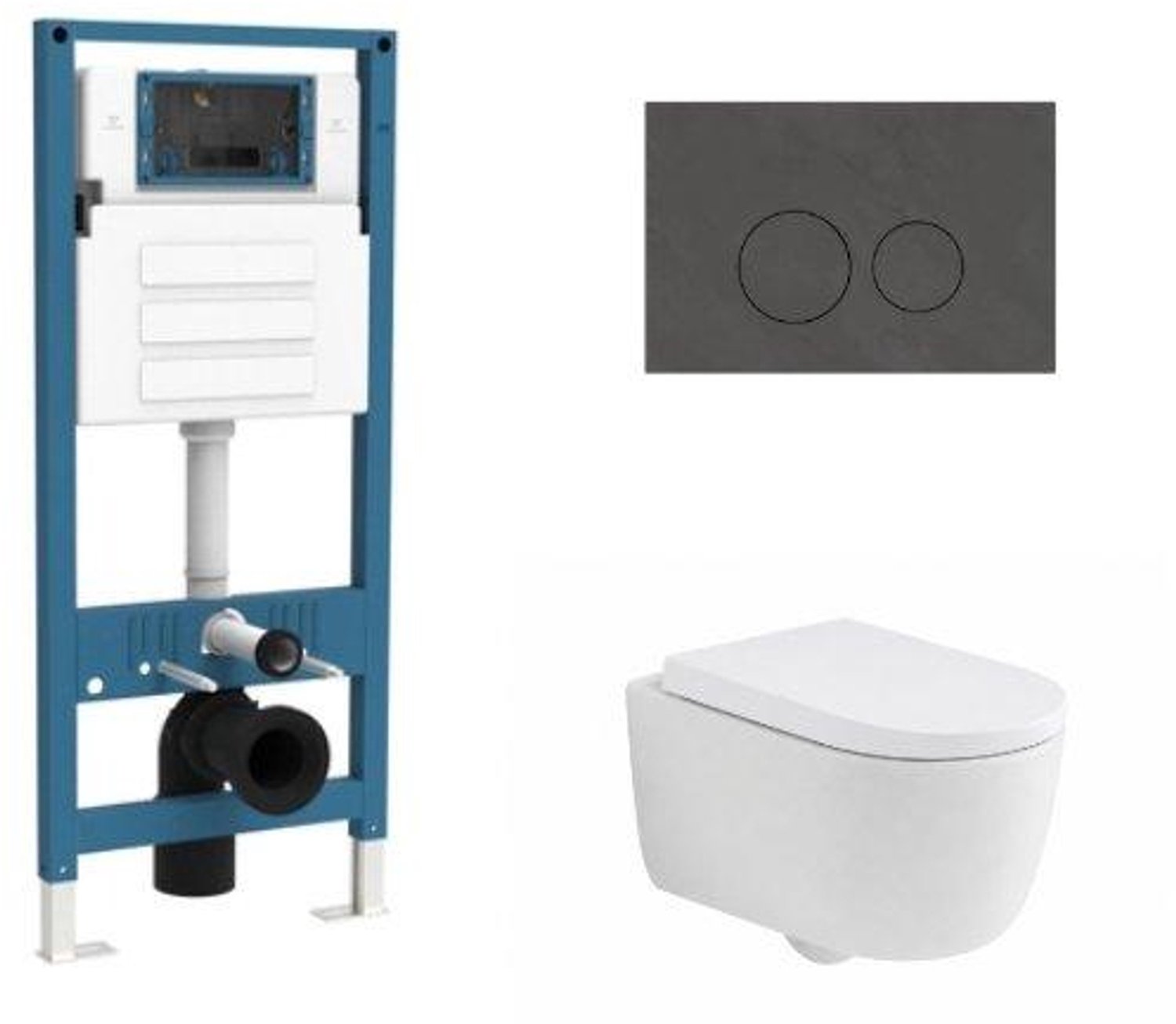 QeramiQ Dely Swirl Toiletset - inbouwreservoir Qeramiq Flush - 35mm zitting - natuursteen donker marmeren bedieningsplaat - ronde knoppen - mat wit