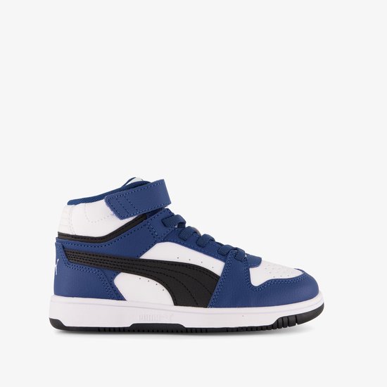 PUMA Rebound Slam Mid sneaker, zijaanzicht rechts in wit, blauw en zwart met veters en klittenband.