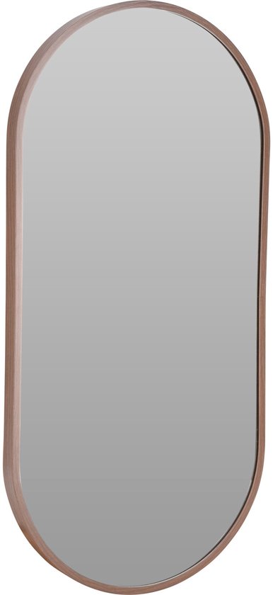 Ovale wandspiegel SORO met een slank bruin houten frame, afmeting 30 bij 60 cm.