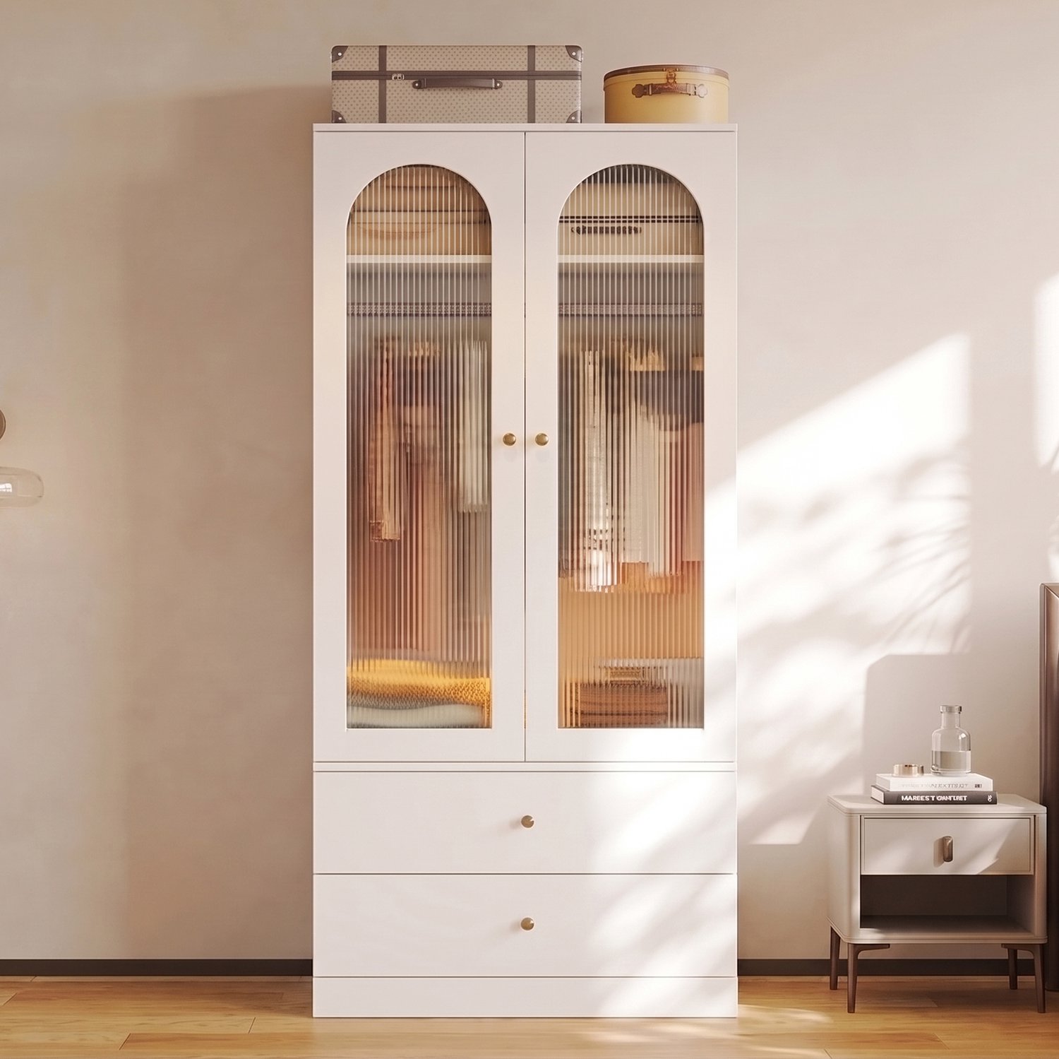 Clruro Kledingkast - 90×50×200 cm - Glazen Deuren - 2 Laden en Hangroede - MDF/Glas - Wit