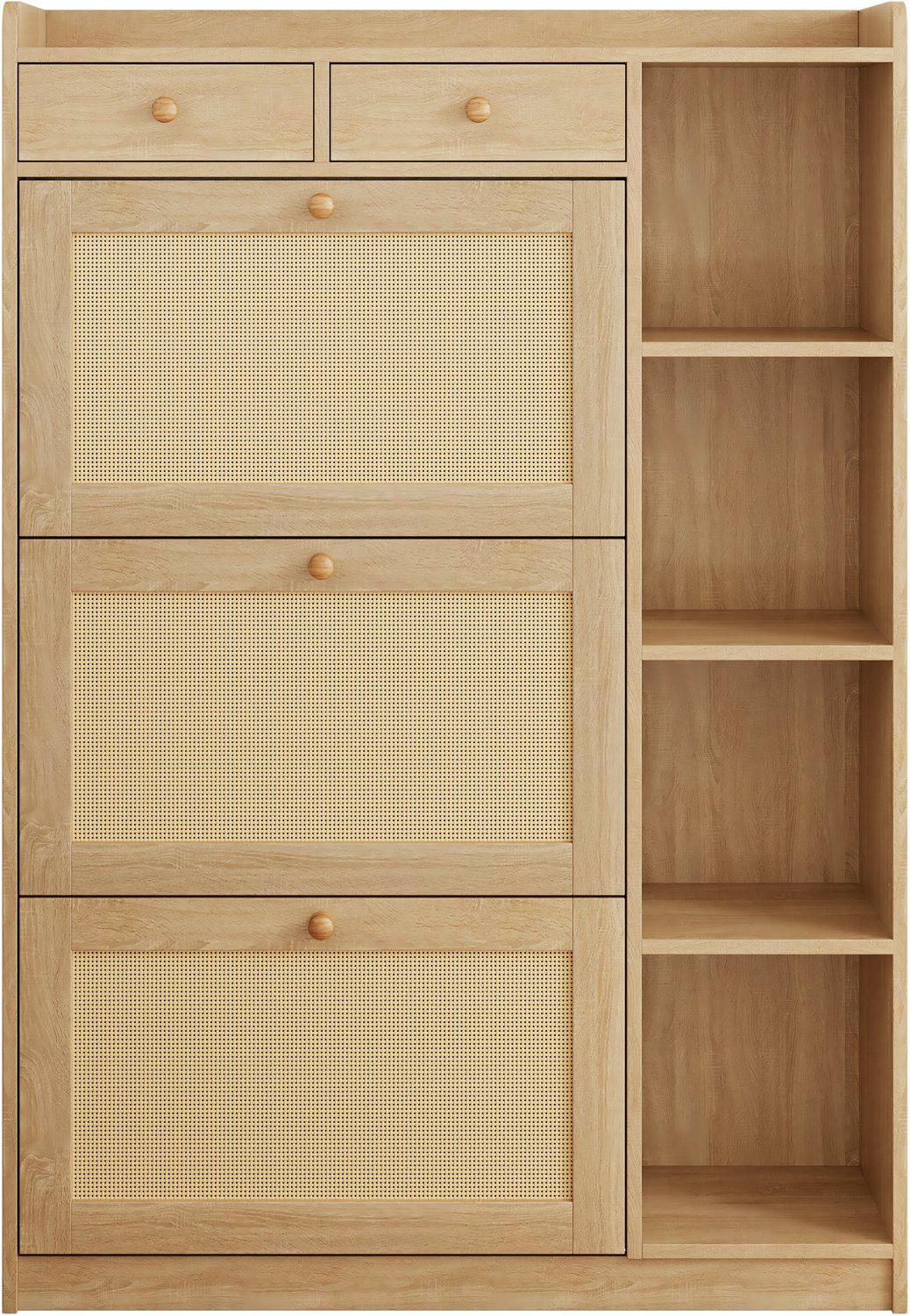 SONNENH Schoenenkast met 3 kantelkleppen, 2 laden en open zijvakken - Naturel/rotanlook - 90 x 24 x 130 cm