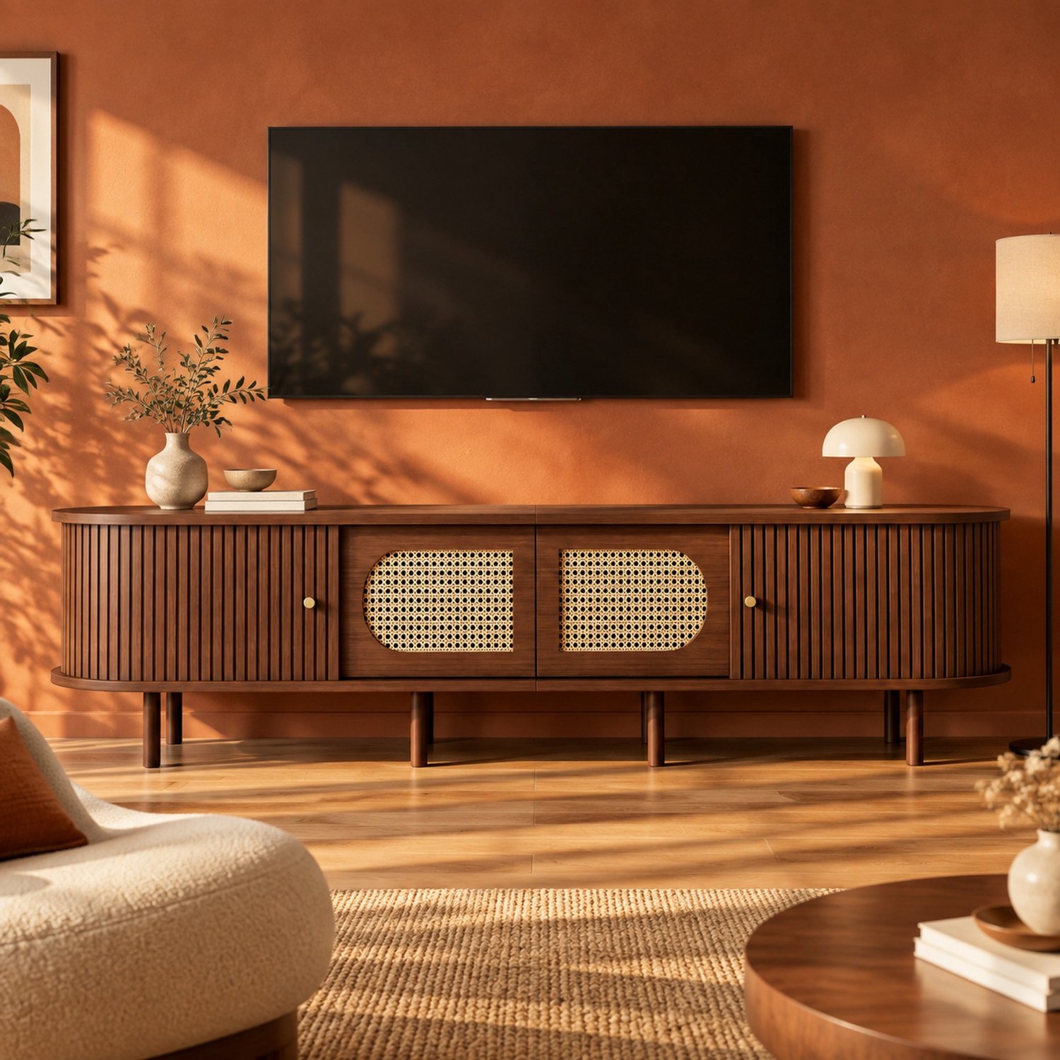CHICFURN TV-meubel 180 cm - voor tv's tot ca. 80 inch - opbergruimte - 2 kastdeuren en 2 roldeuren - woonkamer - MDF - Dark Oak Donker walnoot