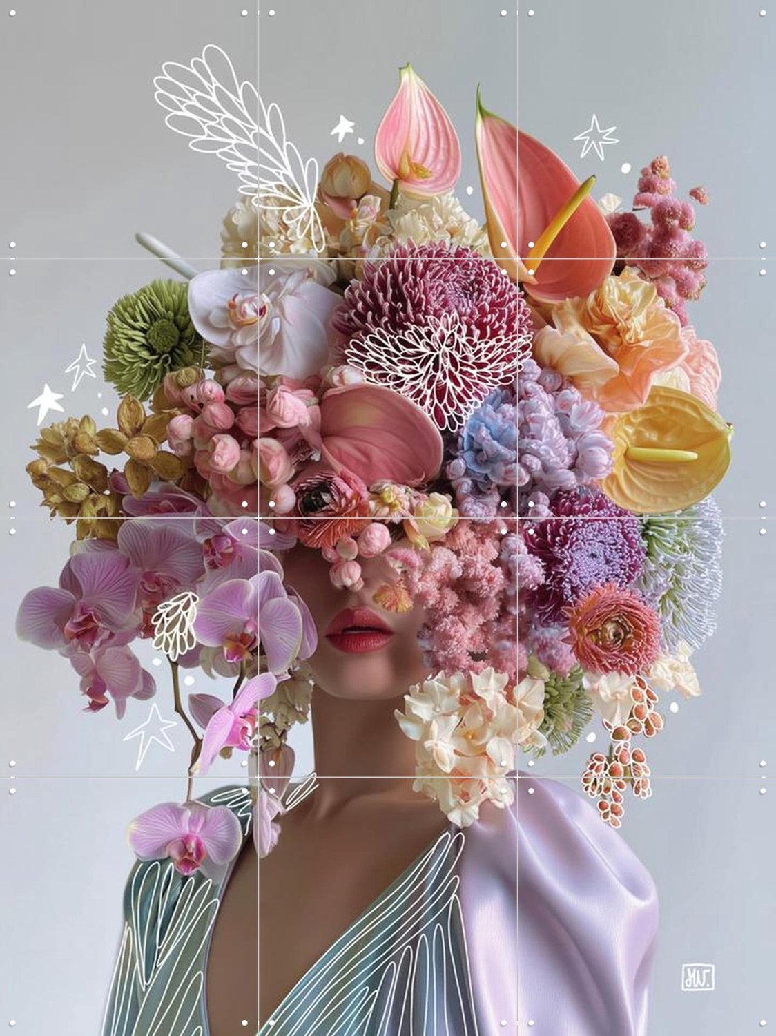 IXXI Got Flowers in My Head, Henriette Visscher - 60 x 80 cm - Grote wanddecoratie en posters - Kleurrijk, Gemengde Technieken, Woonkamer, Slaapkamer Roze
