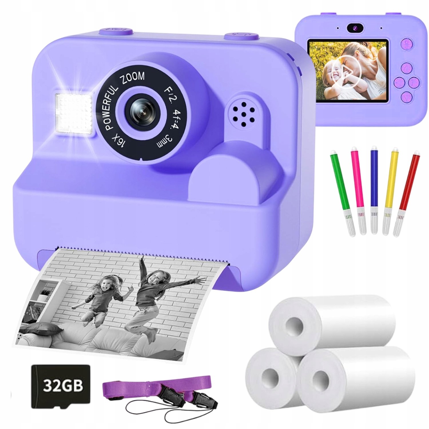 Digitale Kindercamera met Foto Printer - Instant Print Kinder Camera - 2,4 inch - 16x Digitale Zoom - Inktloos Thermisch Printen - Selfie Modus - Jongens & Meisjes - 32 GB - Educatief Cadeau - Speelgoedcamera - Voor Kinderen 3-12 Jaar - Paars