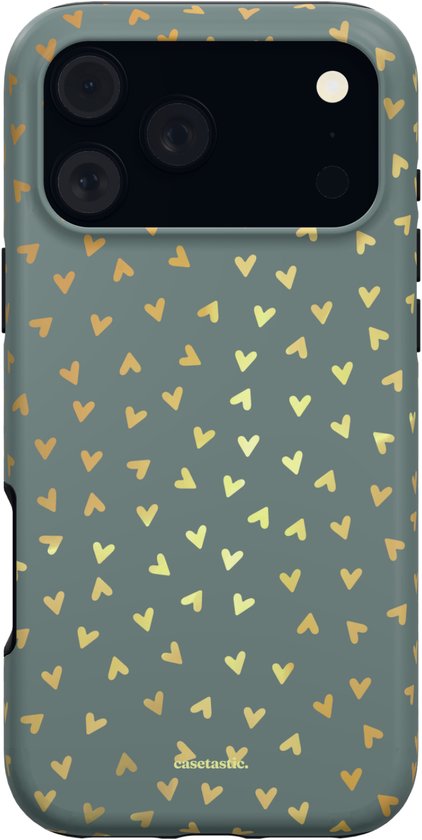 Achterkant van een saliegroen telefoonhoesje versierd met een patroon van kleine gouden hartjes.